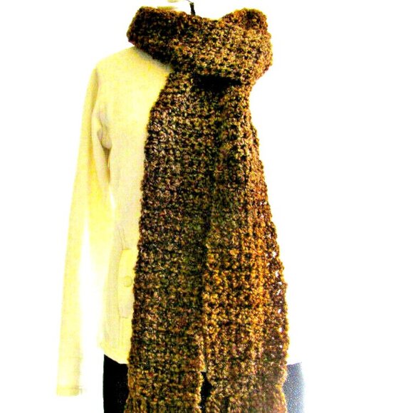 Brown Scarf 100x5 Stripe Handmade Crochet Hand Knit Chunky Christmas Gift NWT - Picture 4 of 8
